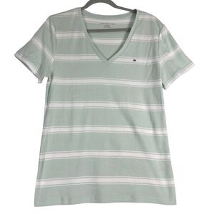 Tommy Hilfiger V-Neck T-Shirt Womens XL Mint Green Striped Short Sleeve NWT